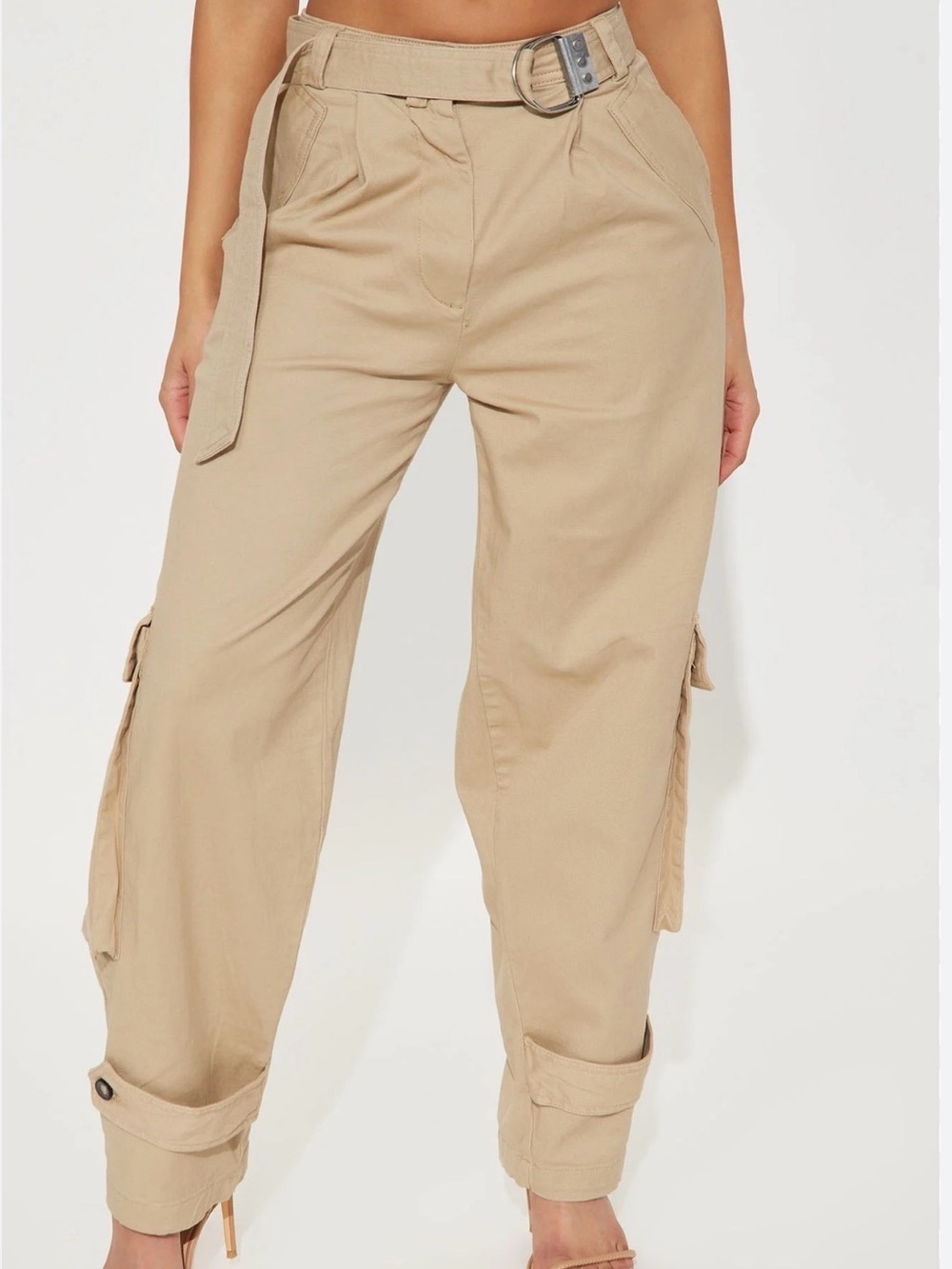 LABIJOU Cargo Pants Women’s Size M Khaki Beige Utility Belted Multi-Pocket